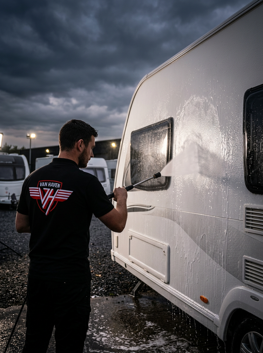 Professional caravan and motorhome exterior cleaning service in Benidorm, Costa Blanca Spain